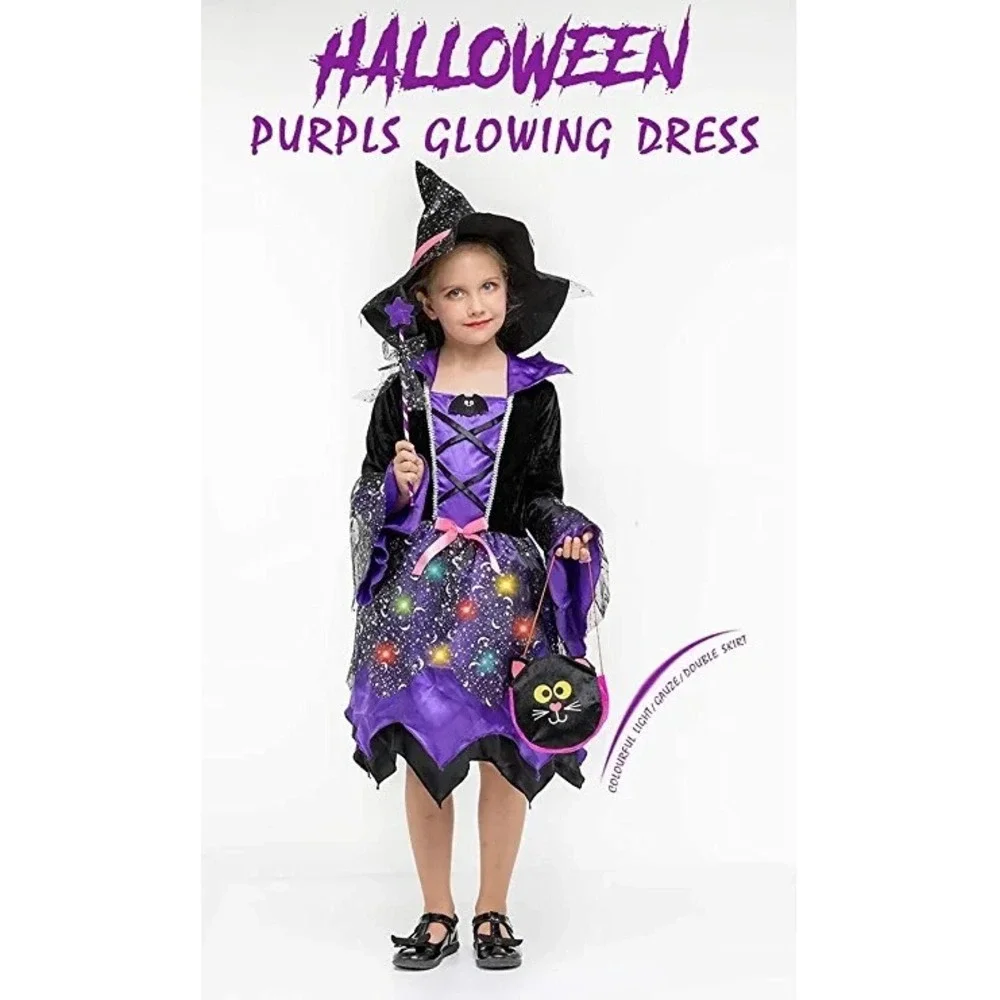 Girls Light-up Witch Halloween Costumes Kids Fancy Dress Set Bat Purple 9-12Y